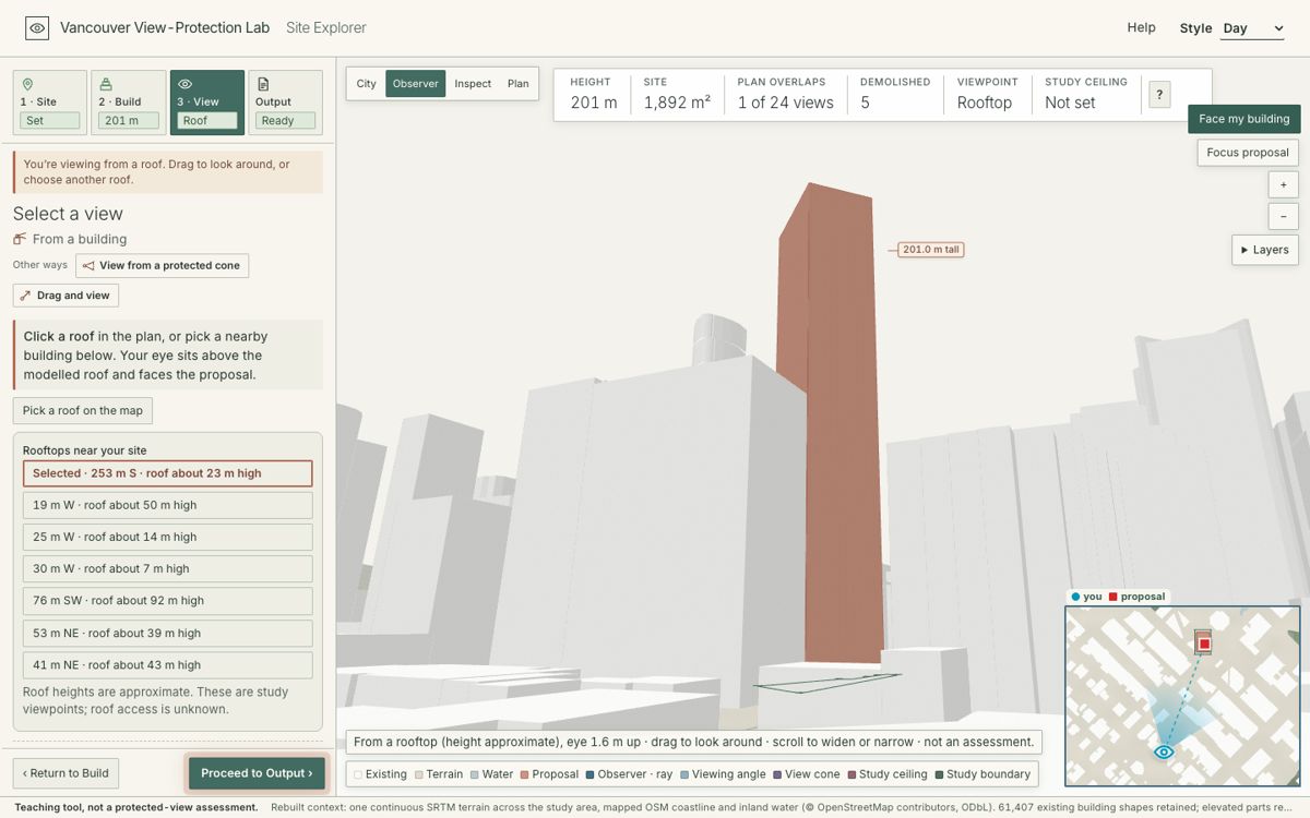 Vista checking a proposed tower from a rooftop viewpoint