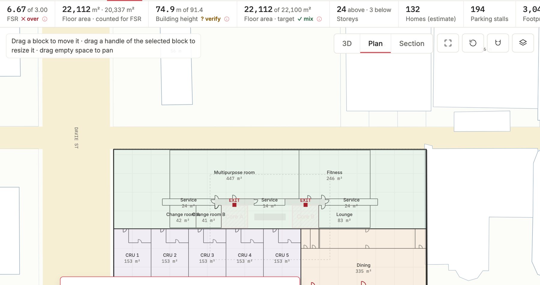 Downtown Massing Tool showing a tower on 1189 Howe Street with FSR over the limit
